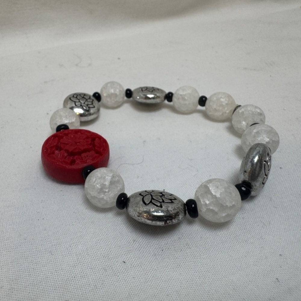 Handmade Stretch Bracelet Red Cinnabar Tibetan Silver Pink Quartz